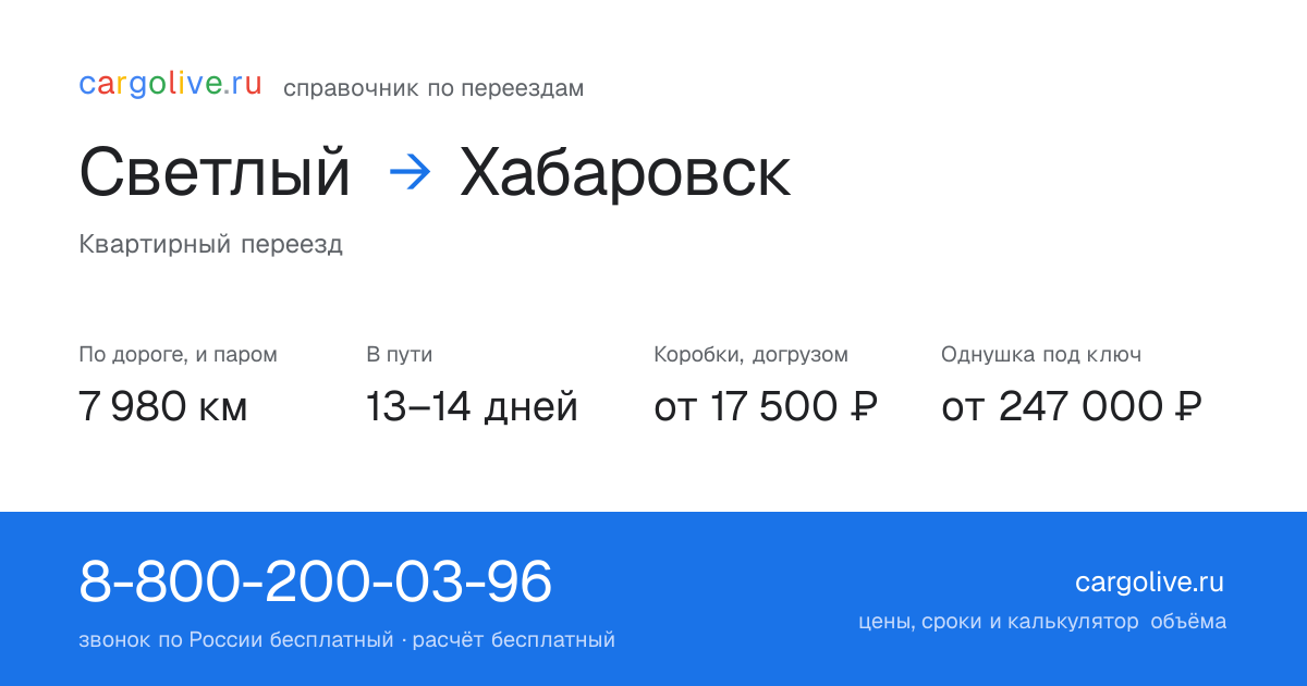 Переезд из Светлого в Хабаровск: 7 980 км по дороге и паром, 13–14 дней в пути, от 17 500 ₽