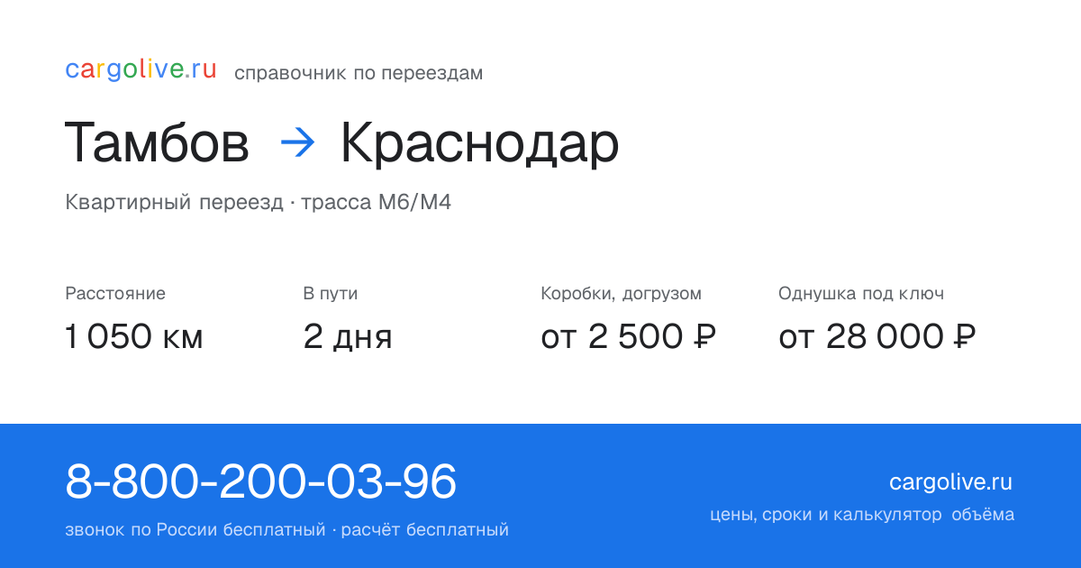 Переезд из Тамбова в Краснодар: 1 050 км, 2 дня в пути, от 2 500 ₽