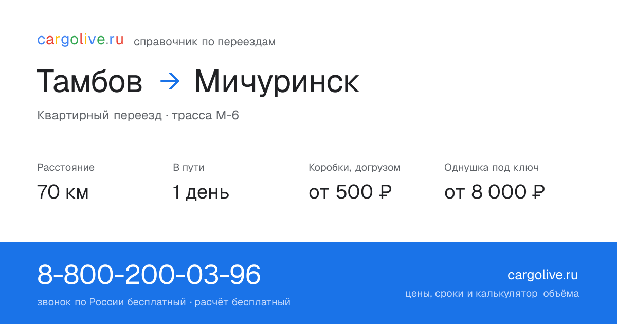 Переезд из Тамбова в Мичуринск: 70 км, 1 день в пути, от 2 000 ₽