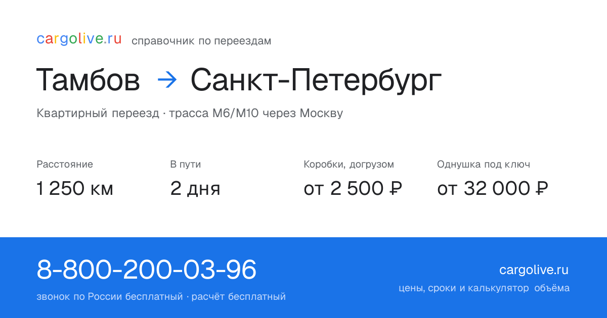 Переезд из Тамбова в Санкт-Петербург: 1 250 км, 2 дня в пути, от 2 500 ₽