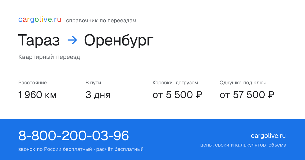 Переезд из Тараза в Оренбург: 1 960 км, 3 дня в пути, от 5 500 ₽
