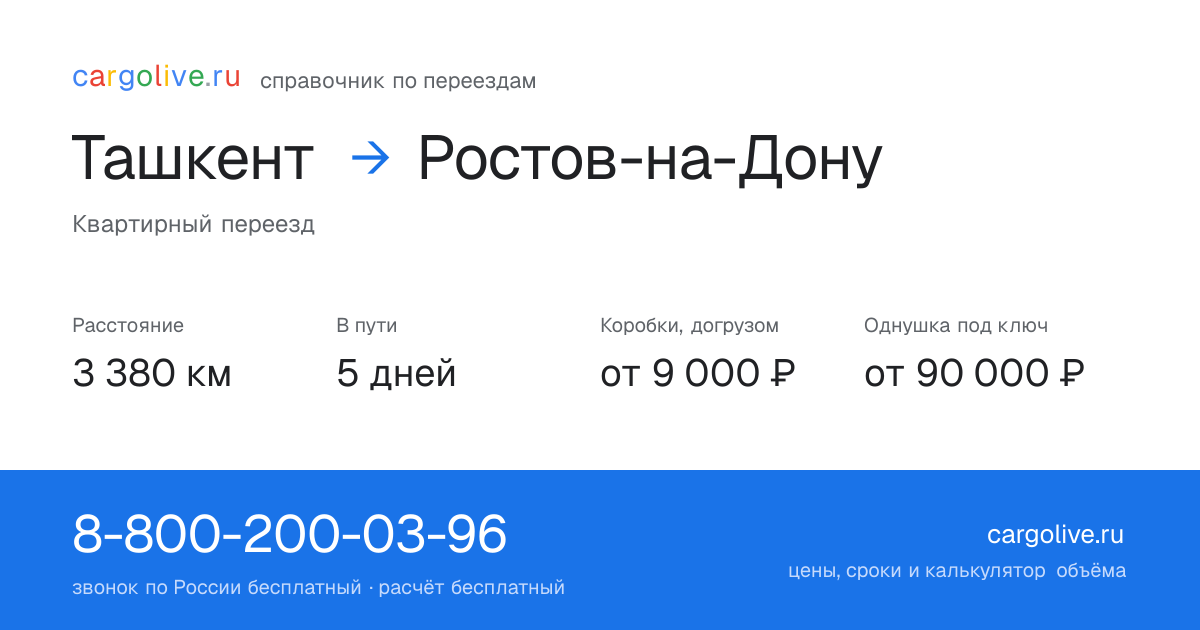 Переезд из Ташкента в Ростов-на-Дону: 3 380 км, 5 дней в пути, от 9 000 ₽