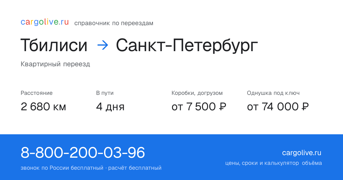 Переезд из Тбилиси в Санкт-Петербург: 2 680 км, 4 дня в пути, от 7 500 ₽