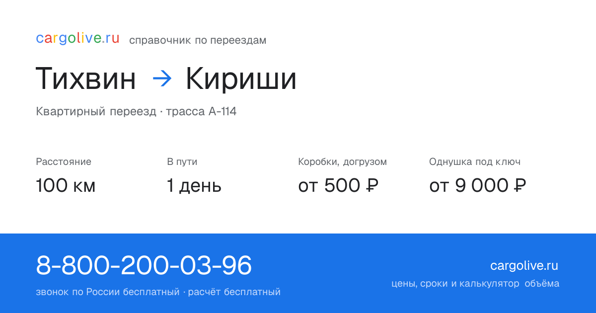 Переезд из Тихвина в Кириши: 100 км, 1 день в пути, от 2 000 ₽
