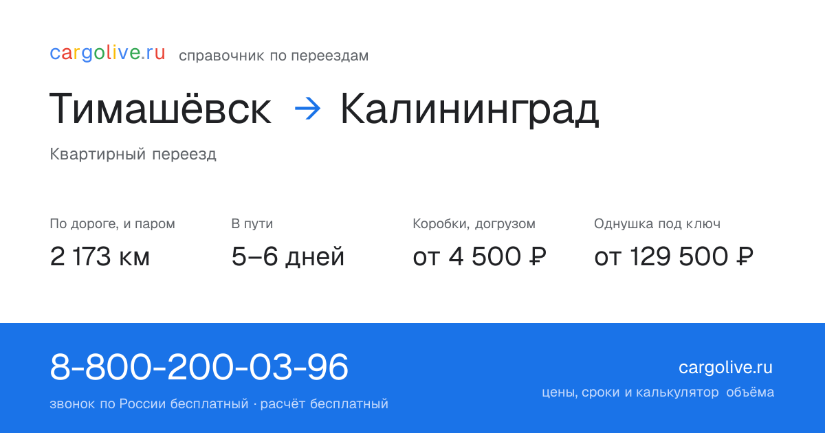 Переезд из Тимашёвска в Калининград: 2 173 км по дороге и паром, 5–6 дней в пути, от 4 500 ₽
