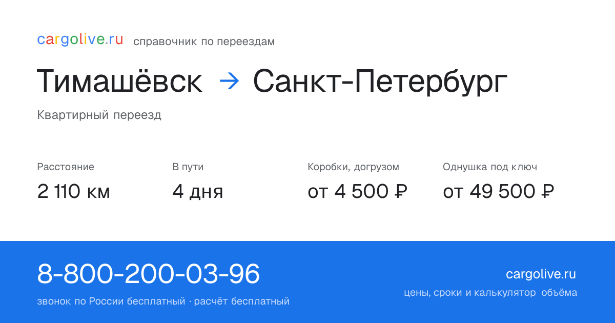 Переезд из Тимашёвска в Санкт-Петербург: 2 110 км, 4 дня в пути, от 4 500 ₽