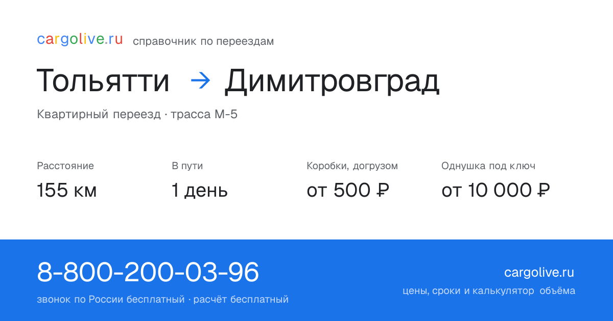 Переезд из Тольятти в Димитровград: 155 км, 1 день в пути, от 2 000 ₽