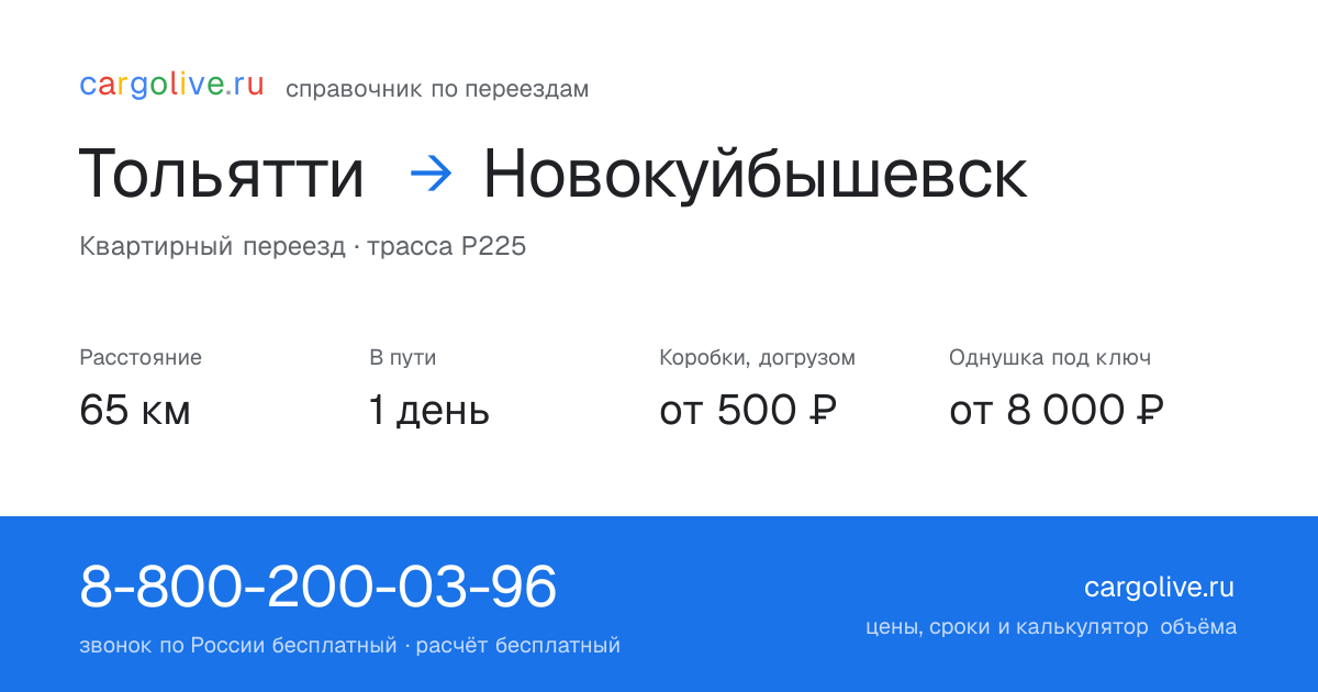 Переезд из Тольятти в Новокуйбышевск: 65 км, 1 день в пути, от 2 000 ₽