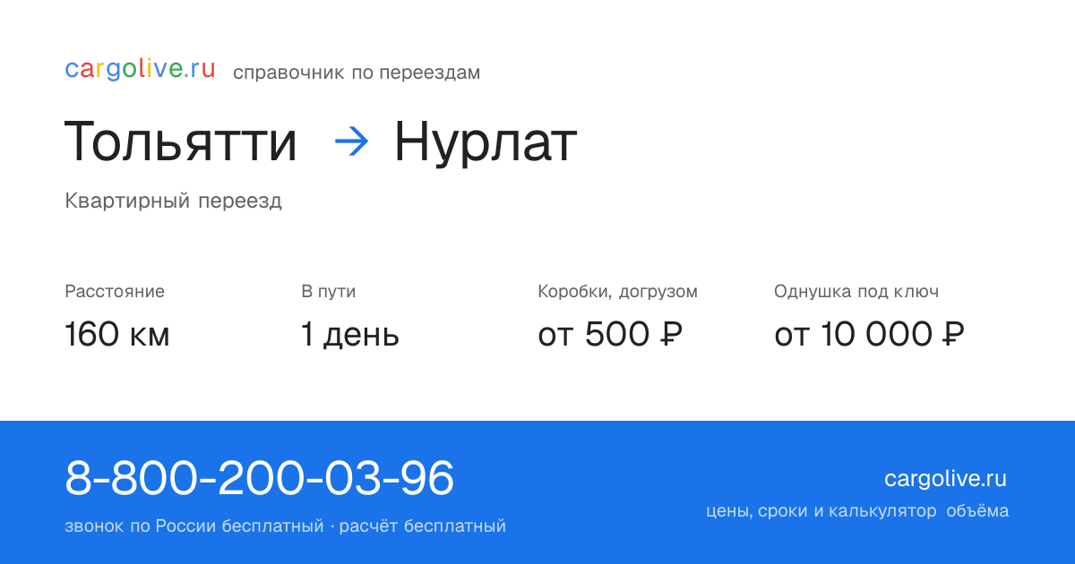 Переезд из Тольятти в Нурлат: 160 км, 1 день в пути, от 2 000 ₽