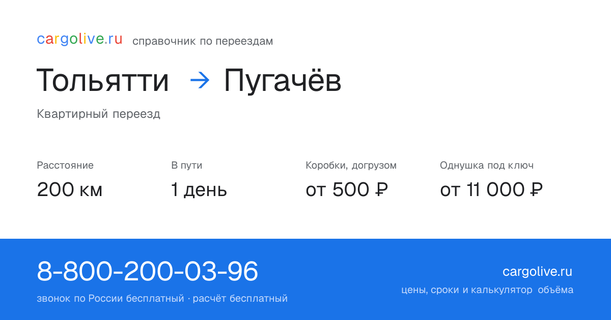 Переезд из Тольятти в Пугачёв: 200 км, 1 день в пути, от 2 000 ₽