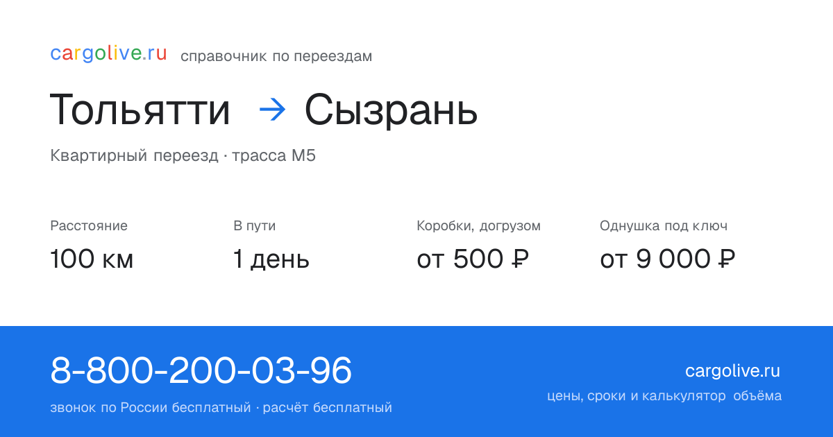 Переезд из Тольятти в Сызрань: 100 км, 1 день в пути, от 2 000 ₽