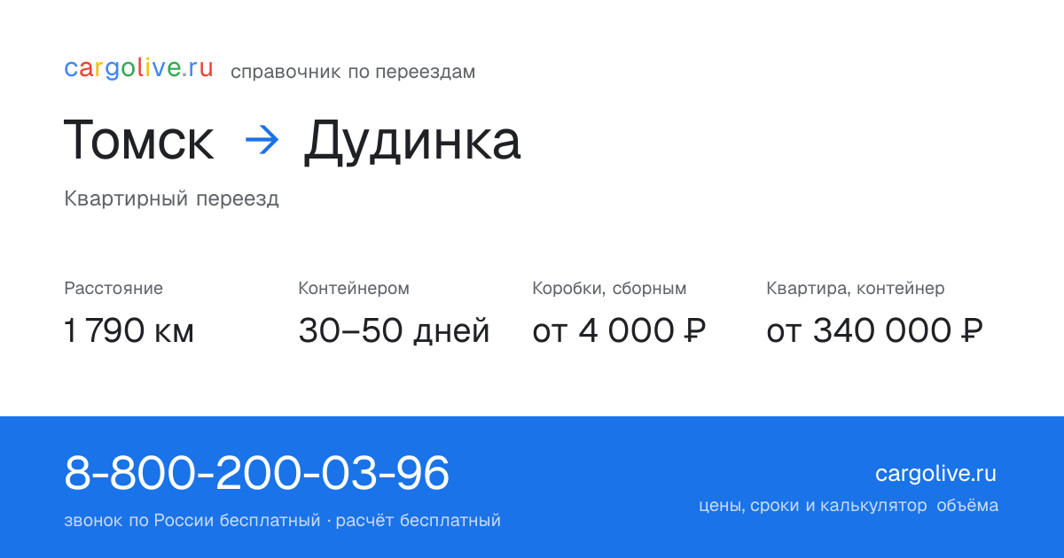 Переезд из Томска в Дудинку: 1 790 км, контейнером 30–50 дней, от 4 000 ₽