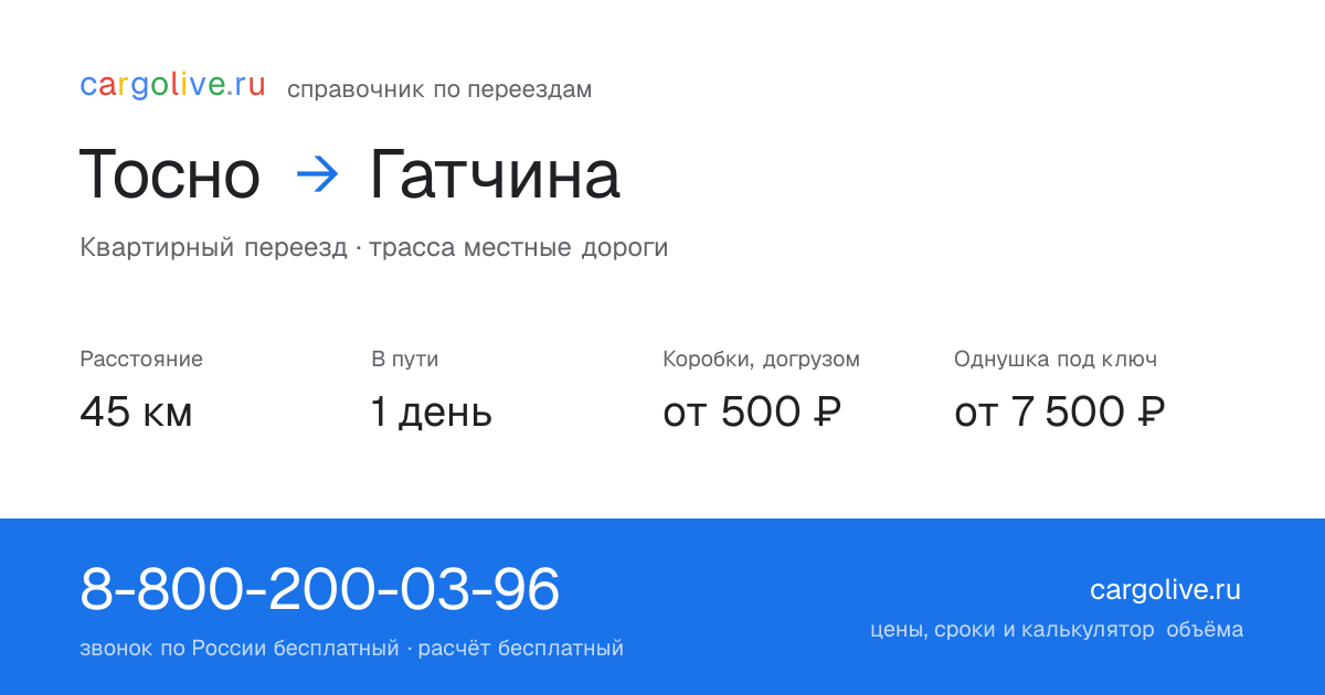 Переезд из Тосна в Гатчину: 45 км, 1 день в пути, от 2 000 ₽