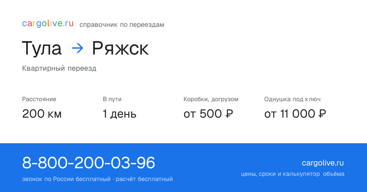 Переезд из Тулы в Ряжск: 200 км, 1 день в пути, от 2 000 ₽