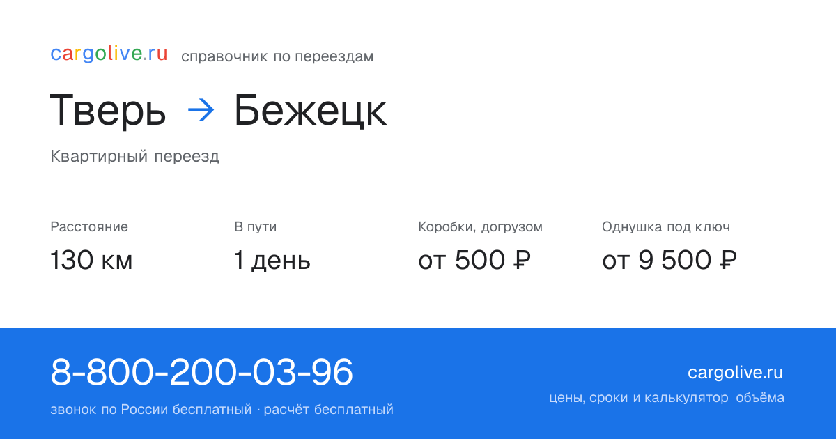 Переезд из Твери в Бежецк: 130 км, 1 день в пути, от 2 000 ₽