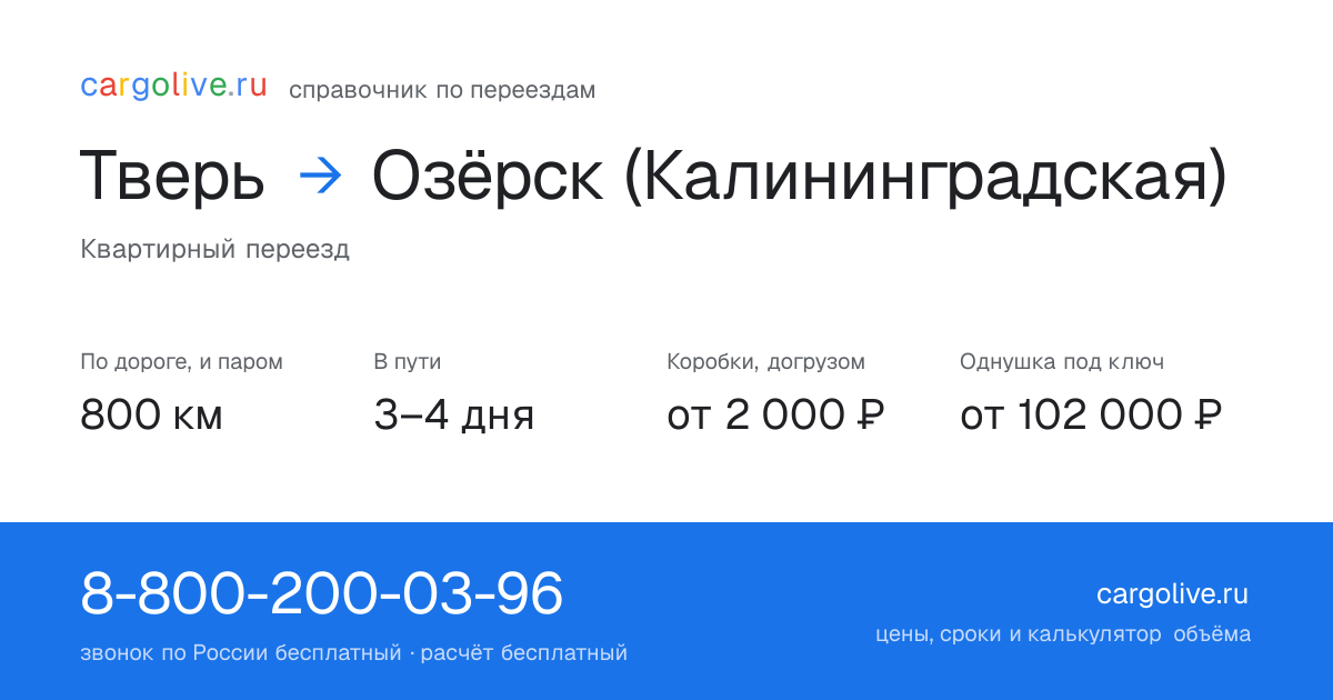 Переезд из Твери в Озёрск (Калининградская): 800 км по дороге и паром, 3–4 дня в пути, от 2 000 ₽