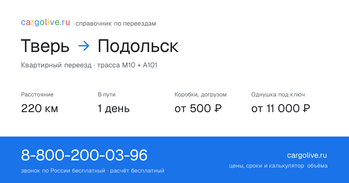 Переезд из Твери в Подольск: 220 км, 1 день в пути, от 2 000 ₽