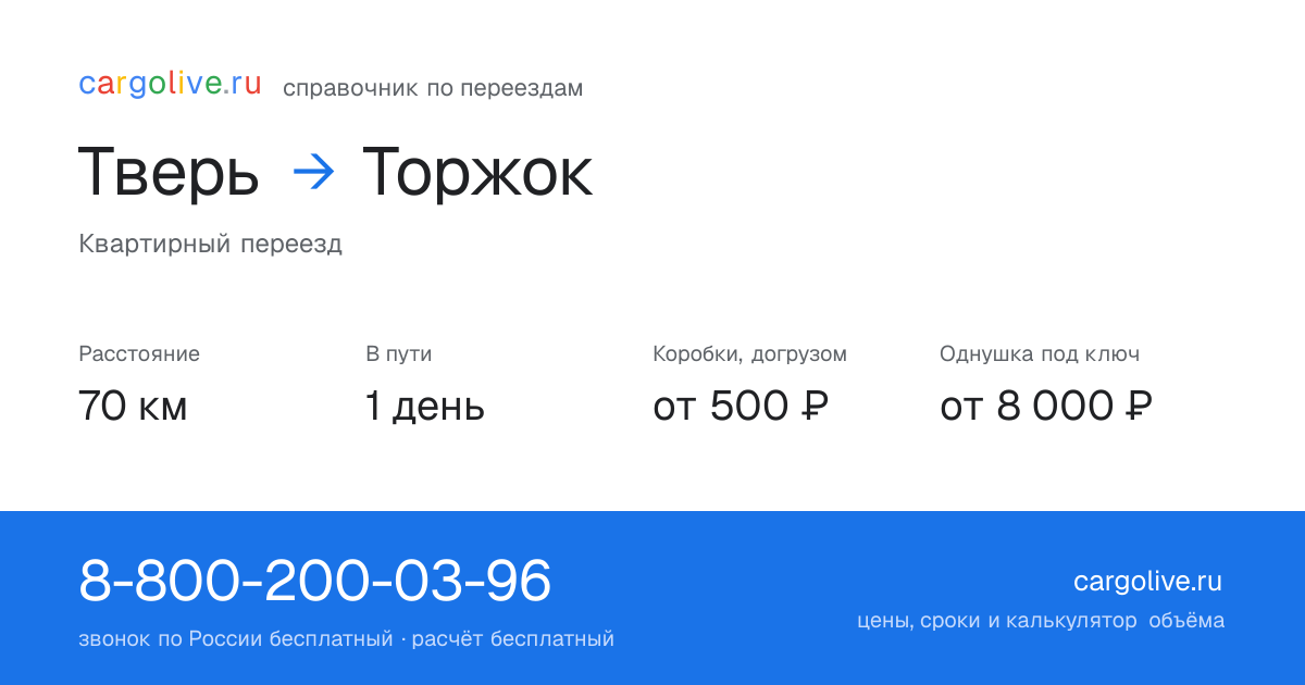 Переезд из Твери в Торжок: 70 км, 1 день в пути, от 2 000 ₽