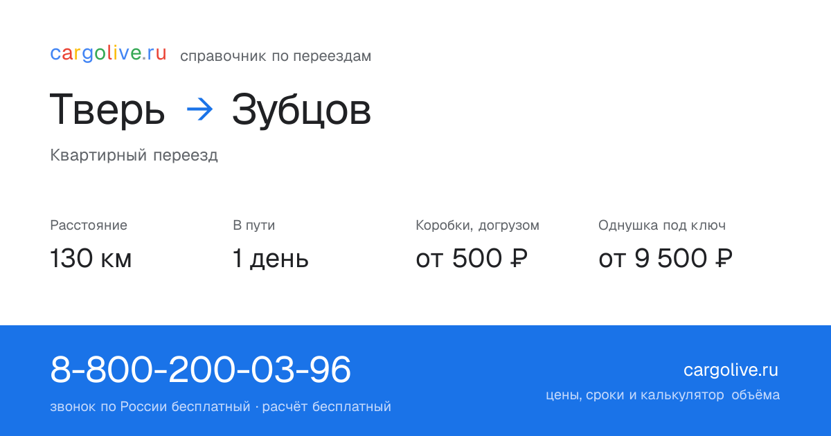 Переезд из Твери в Зубцов: 130 км, 1 день в пути, от 2 000 ₽