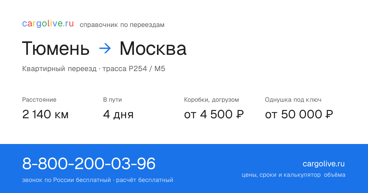 Переезд из Тюмени в Москву: 2 140 км, 4 дня в пути, от 4 500 ₽
