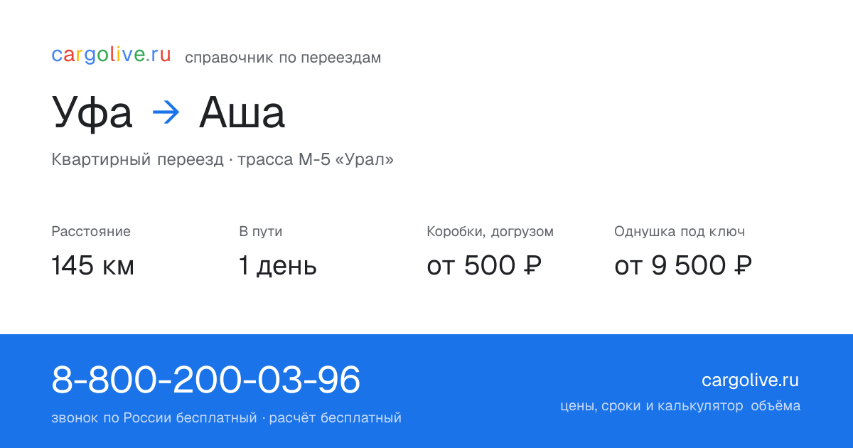 Переезд из Уфы в Ашу: 145 км, 1 день в пути, от 2 000 ₽