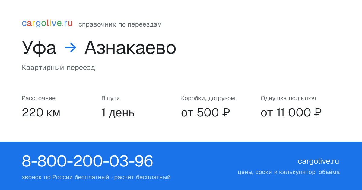 Переезд из Уфы в Азнакаево: 220 км, 1 день в пути, от 2 000 ₽
