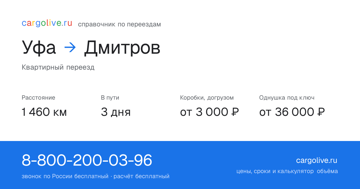 Переезд из Уфы в Дмитров: 1 460 км, 3 дня в пути, от 3 000 ₽