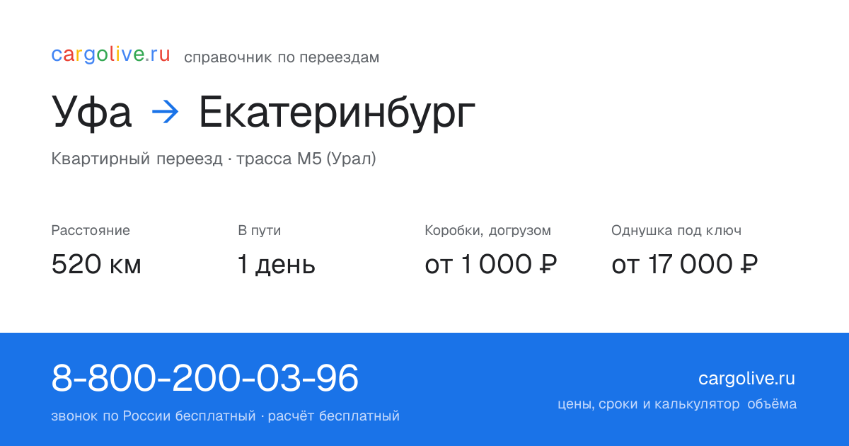 Переезд из Уфы в Екатеринбург: 520 км, 1 день в пути, от 2 000 ₽