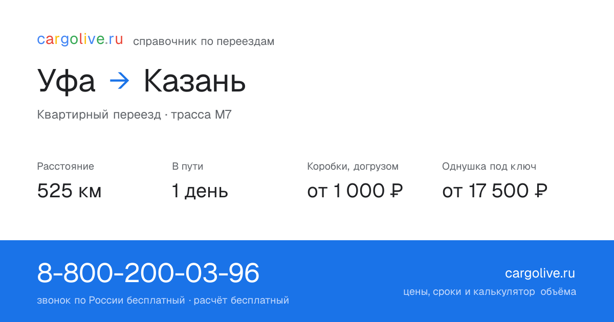 Переезд из Уфы в Казань: 525 км, 1 день в пути, от 2 000 ₽