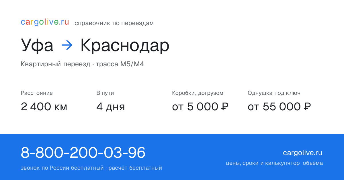Переезд из Уфы в Краснодар: 2 400 км, 4 дня в пути, от 5 000 ₽
