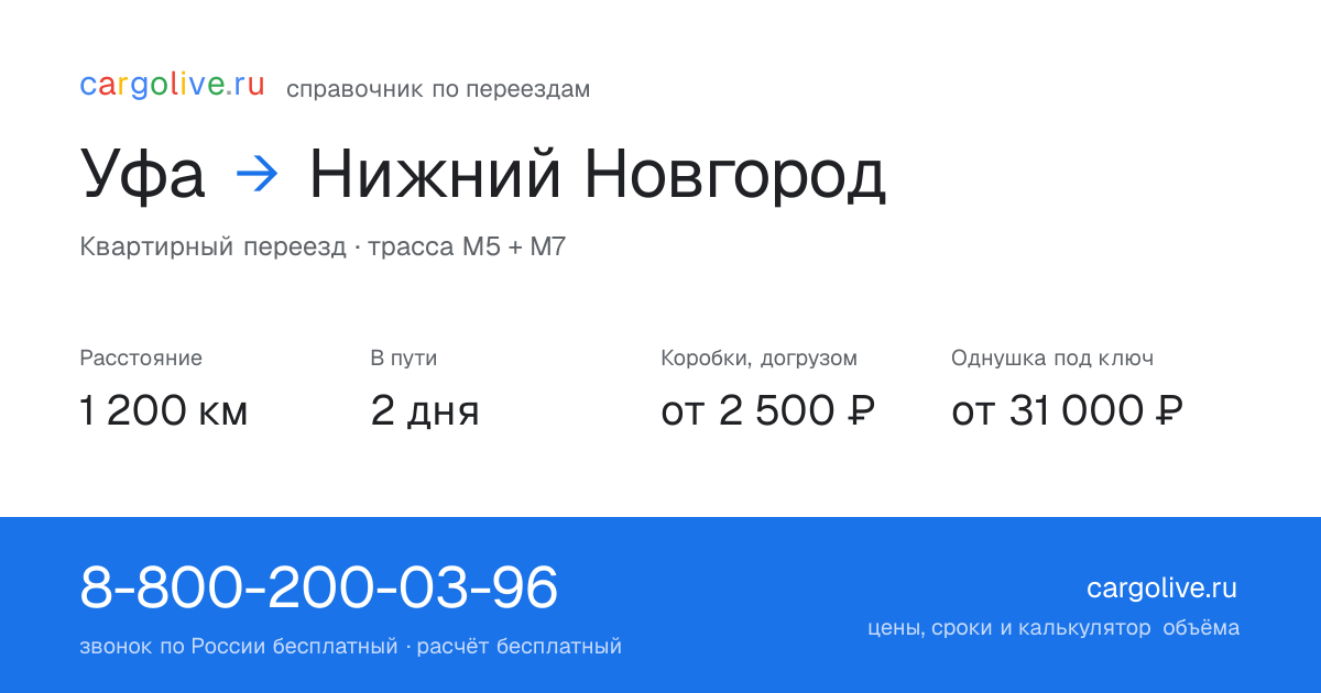 Переезд из Уфы в Нижний Новгород: 1 200 км, 2 дня в пути, от 2 500 ₽