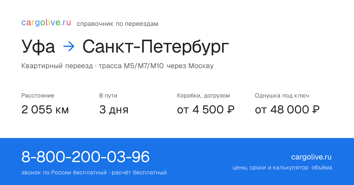 Переезд из Уфы в Санкт-Петербург: 2 055 км, 3 дня в пути, от 4 500 ₽
