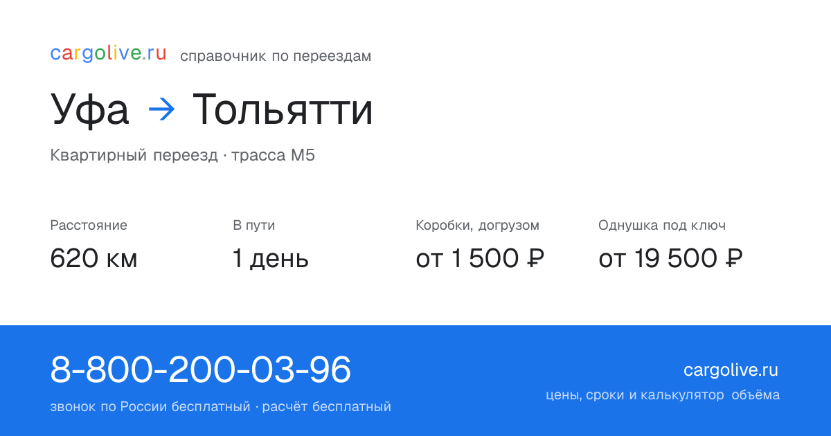 Переезд из Уфы в Тольятти: 620 км, 1 день в пути, от 2 000 ₽