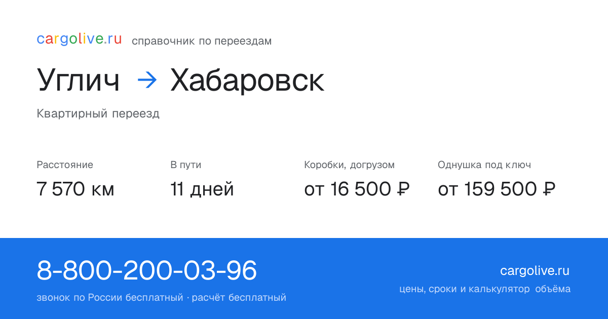 Переезд из Углича в Хабаровск: 7 570 км, 11 дней в пути, от 16 500 ₽