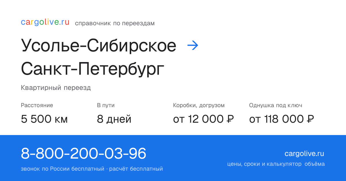 Переезд из Усолья-Сибирского в Санкт-Петербург: 5 500 км, 8 дней в пути, от 12 000 ₽