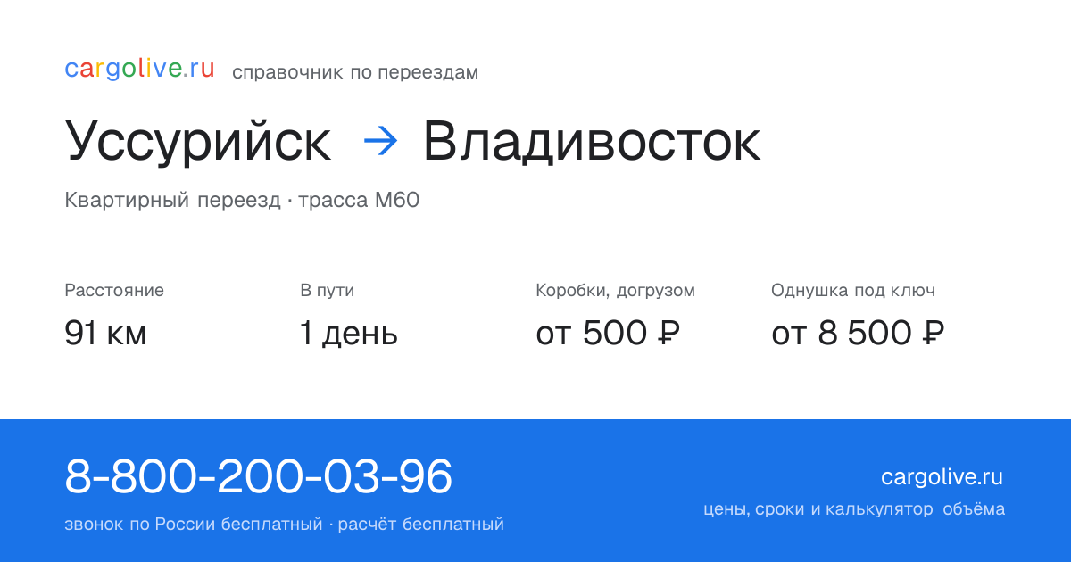 Переезд из Уссурийска во Владивосток: 91 км, 1 день в пути, от 2 000 ₽