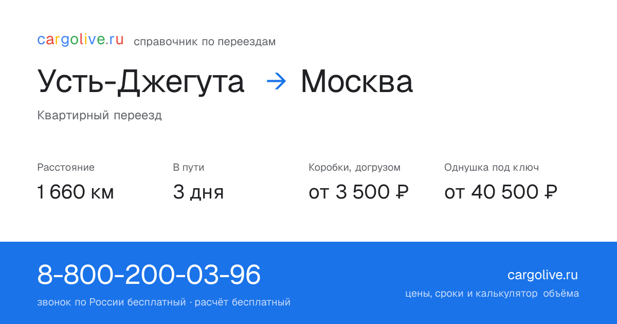 Переезд из Усть-Джегуты в Москву: 1 660 км, 3 дня в пути, от 3 500 ₽