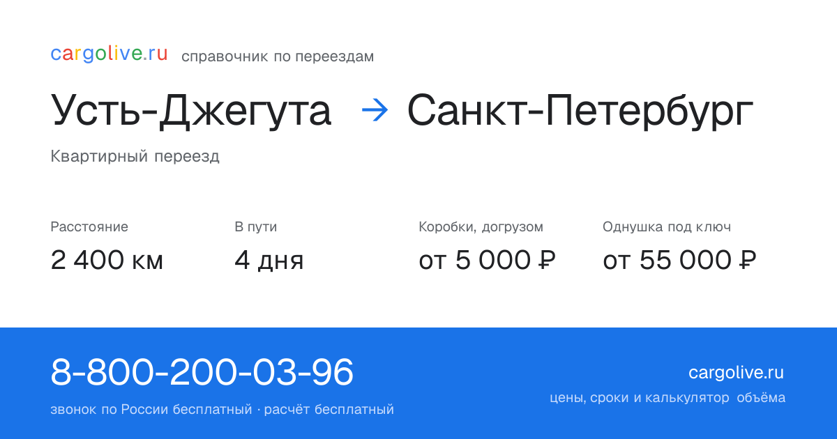 Переезд из Усть-Джегуты в Санкт-Петербург: 2 400 км, 4 дня в пути, от 5 000 ₽