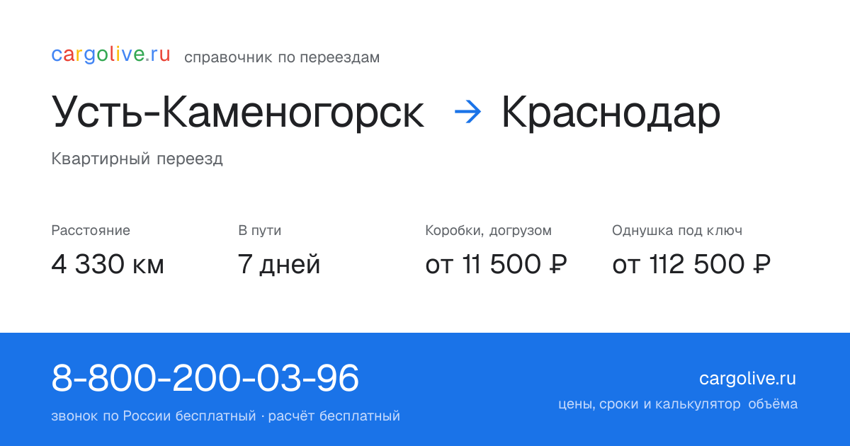 Переезд из Усть-Каменогорска в Краснодар: 4 330 км, 7 дней в пути, от 11 500 ₽