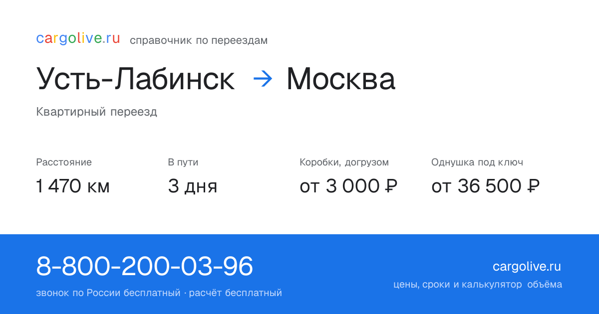 Переезд из Усть-Лабинска в Москву: 1 470 км, 3 дня в пути, от 3 000 ₽