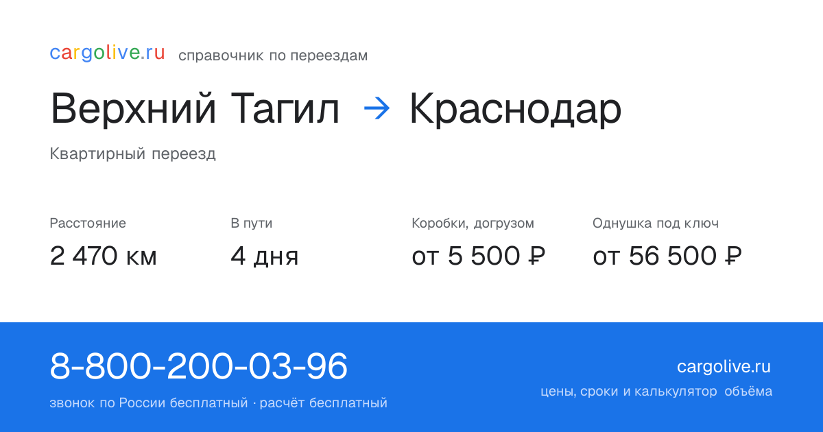 Переезд из Верхнего Тагила в Краснодар: 2 470 км, 4 дня в пути, от 5 500 ₽