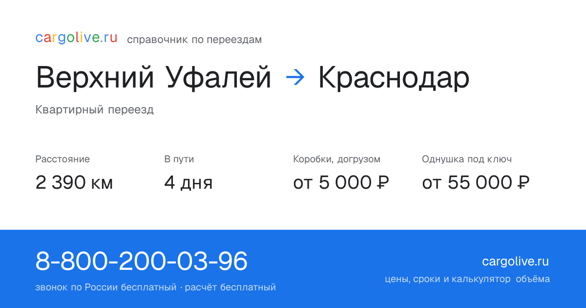 Переезд из Верхнего Уфалея в Краснодар: 2 390 км, 4 дня в пути, от 5 000 ₽