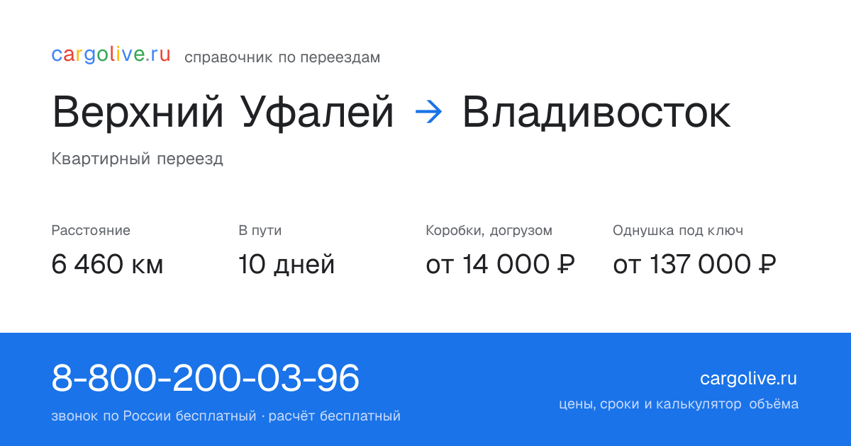 Переезд из Верхнего Уфалея во Владивосток: 6 460 км, 10 дней в пути, от 14 000 ₽