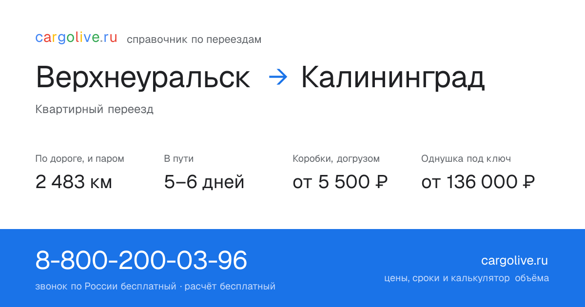 Переезд из Верхнеуральска в Калининград: 2 483 км по дороге и паром, 5–6 дней в пути, от 5 500 ₽