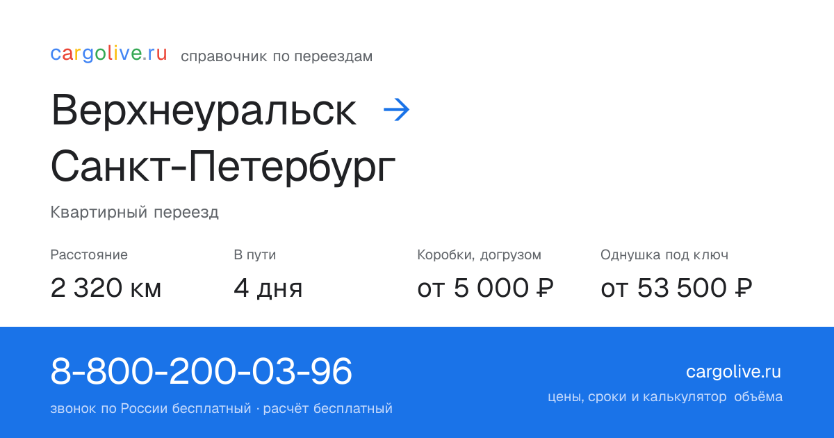 Переезд из Верхнеуральска в Санкт-Петербург: 2 320 км, 4 дня в пути, от 5 000 ₽