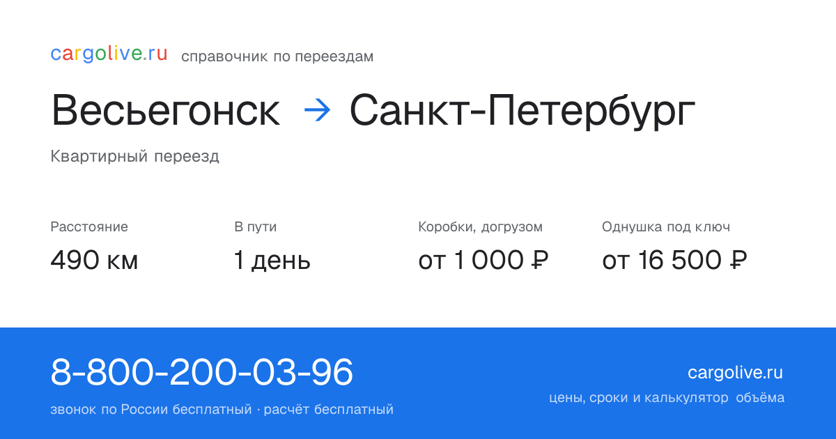 Переезд из Весьегонска в Санкт-Петербург: 490 км, 1 день в пути, от 2 000 ₽