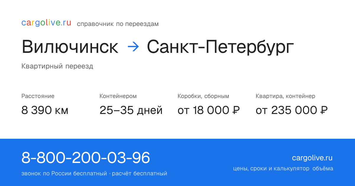 Переезд из Вилючинска в Санкт-Петербург: 8 390 км, контейнером 25–35 дней, от 18 000 ₽