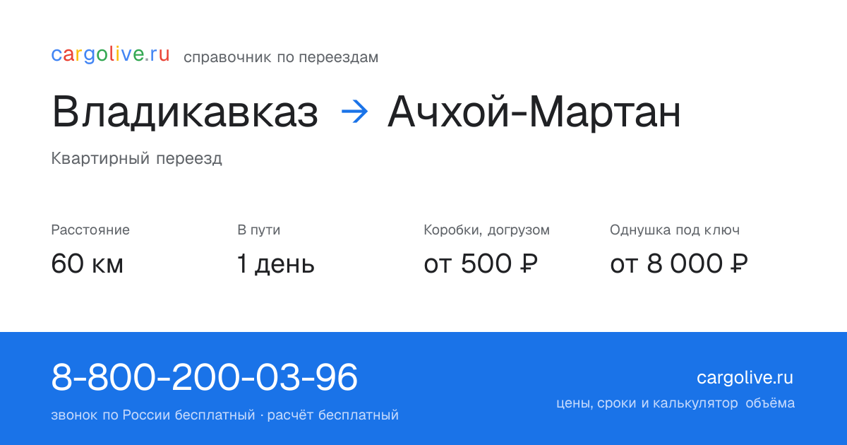 Переезд из Владикавказа в Ачхой-Мартан: 60 км, 1 день в пути, от 2 000 ₽