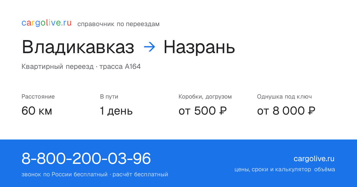 Переезд из Владикавказа в Назрань: 60 км, 1 день в пути, от 2 000 ₽