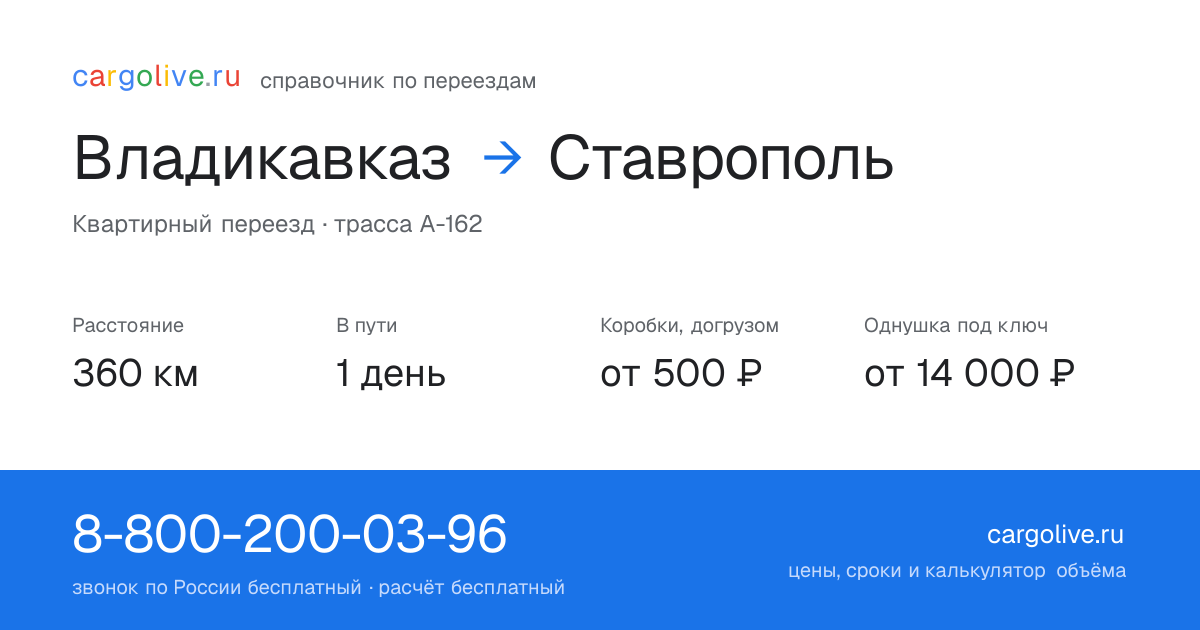Переезд из Владикавказа в Ставрополь: 360 км, 1 день в пути, от 2 000 ₽